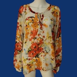 SML SPORT Floral Semi-sheer Oversized Keyhole Bow Chiffon Top XL